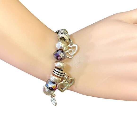 Heart Charm Beaded Bracelet With Faux Crystals Purple Fashion Accessory - Picture 3 of 5